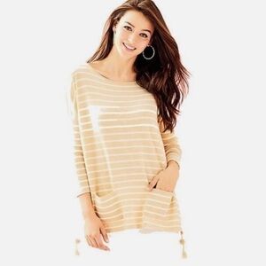 LILLY PULITZER ELBA TAN WHITE TASSEL POM POM BOATNECK OVERSIZED SWEATER TOP S